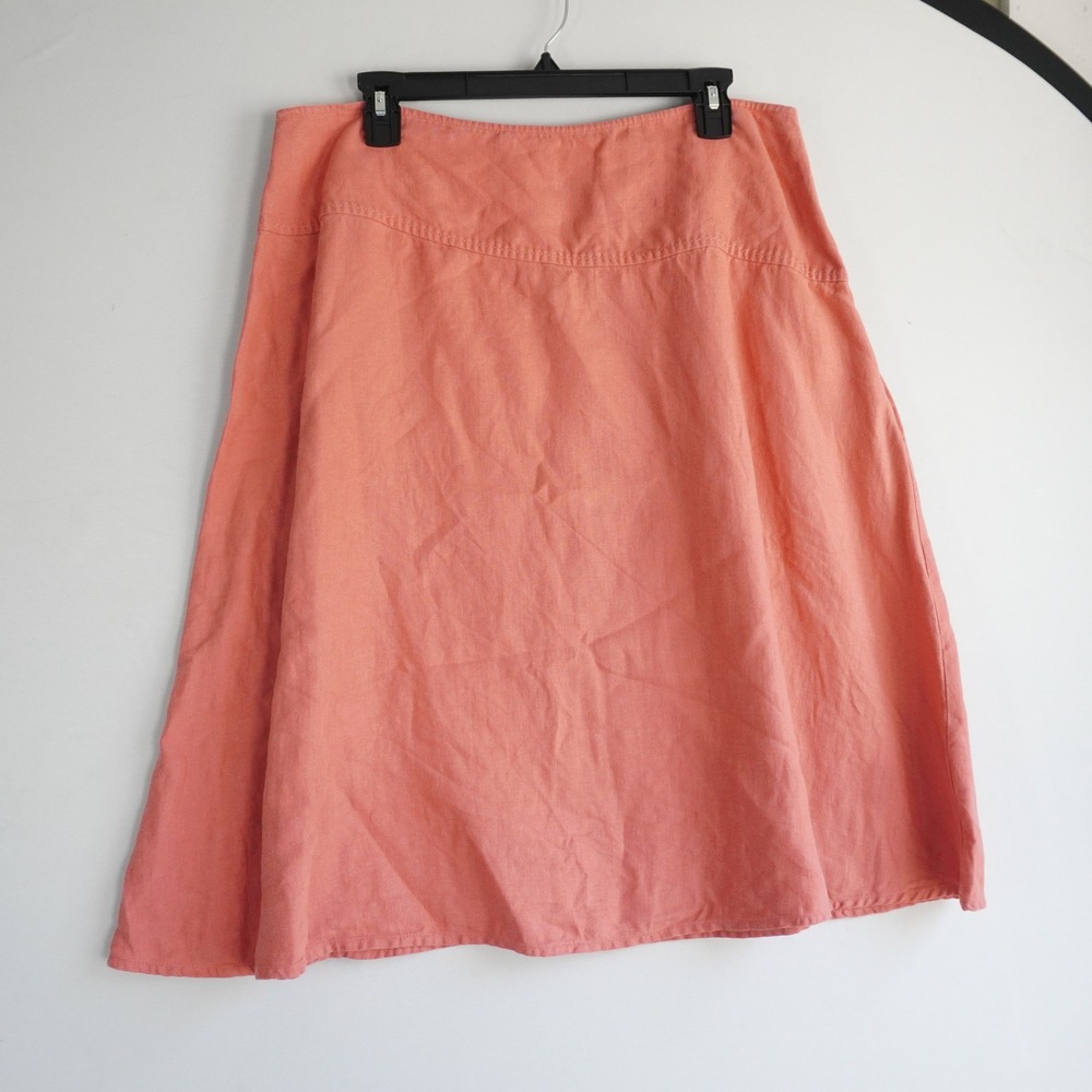 Eileen Fisher Coral Pink 100% Linen A-Line Knee Length Skirt Womens Large L